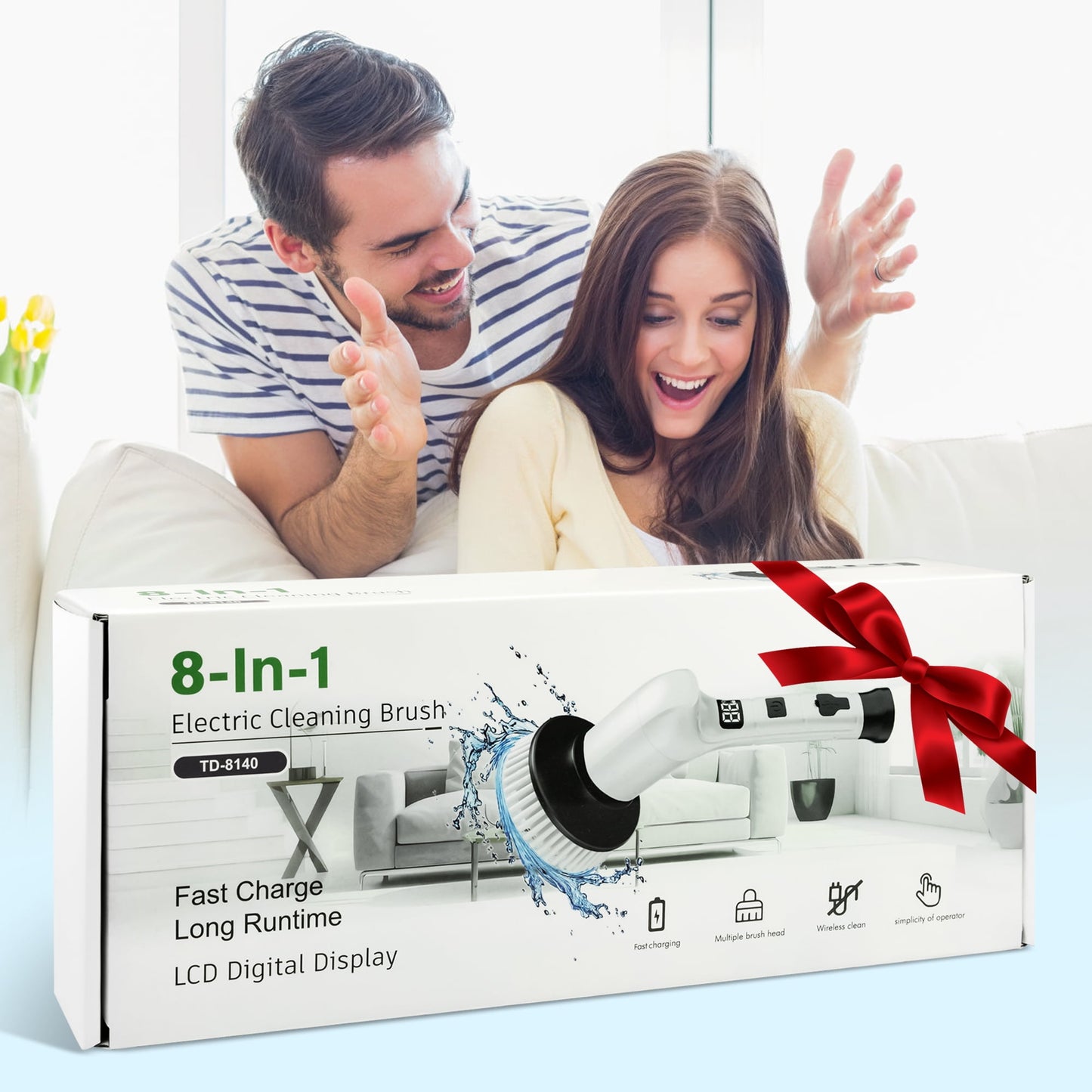 Lightweight Electric Spin Scrubber, Adjustable Handle, 3 Speed Mode Power Electric Scrubber for Cleaning, Cordless Shower Cleaning Brush with 8 Brush Heads for Bathroom, Tub, Floor, Tile (White)