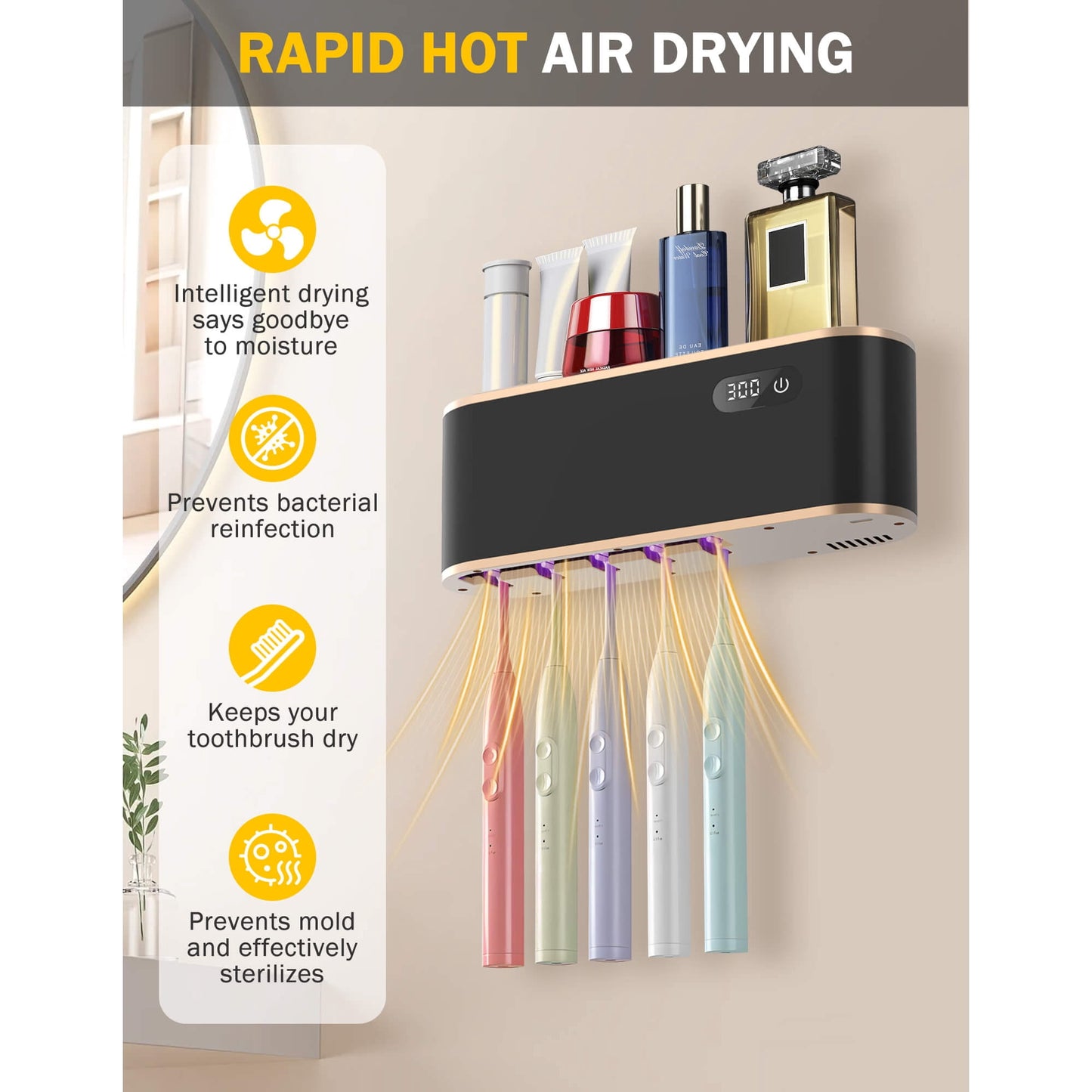 Sentryse Toothbrush Holders, UV Toothbrush Sanitizer and Holder, 5 Cups Electric Tooth Brush Holder Wall Mounted, Black