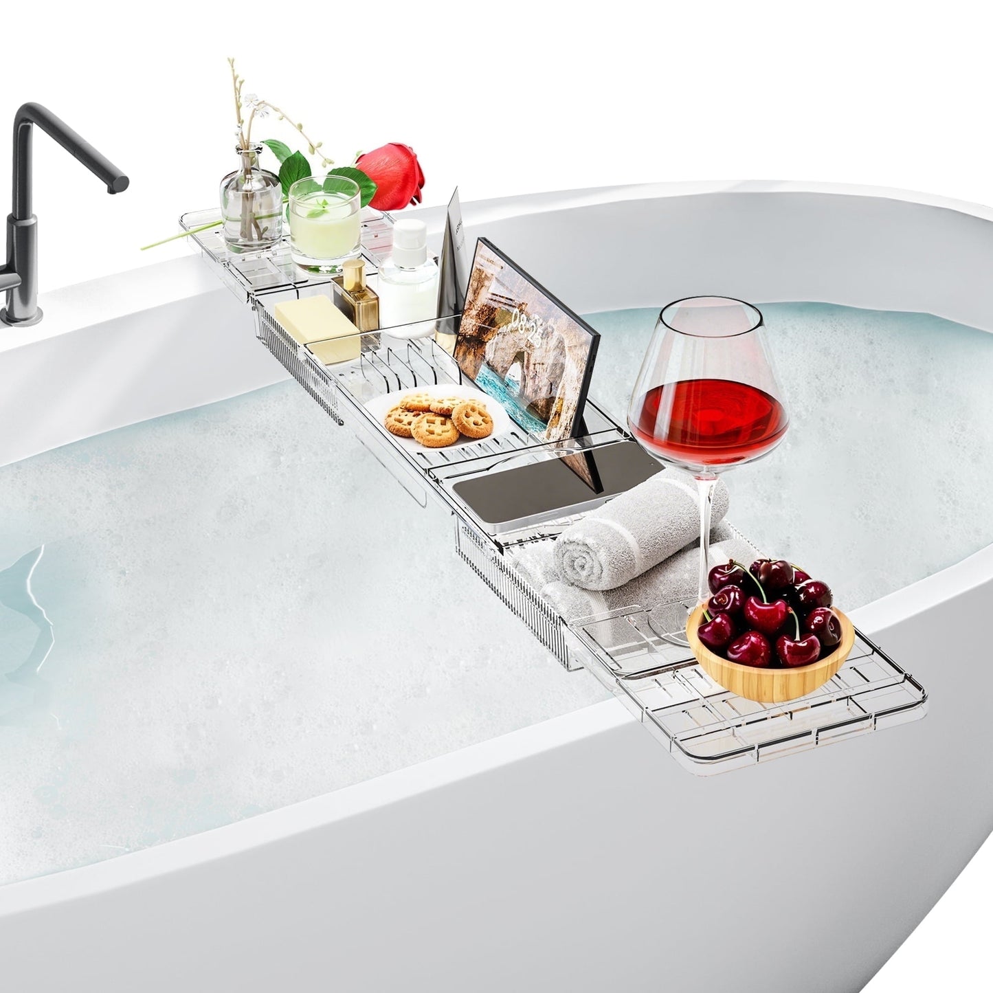 Expandable Acrylic Bath Caddy, Bath Shelf for Bathtubs, Bath Tray with Tablet Holder & Wine Glass Slot - Perfect for Luxury Bathroom Spa Experience