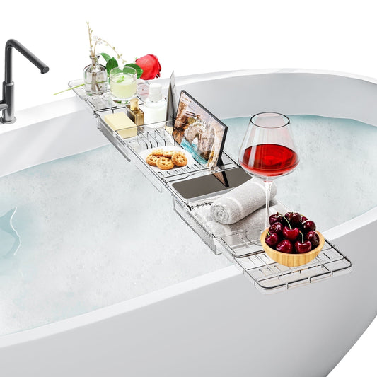 Expandable Acrylic Bath Caddy, Bath Shelf for Bathtubs, Bath Tray with Tablet Holder & Wine Glass Slot - Perfect for Luxury Bathroom Spa Experience