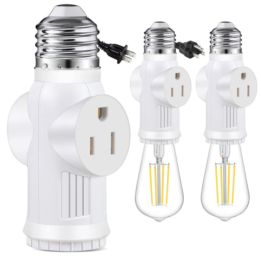 Sentryse 3 Prong E26 Light Socket to Plug Adapter, Heat Resistant Light Socket 2/3 Prong Outlet Light Bulb Plug Splitter Converter for Garage Porch, 2 Pack