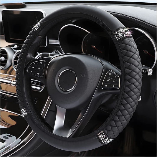 Sentryse Leather Car Steering Wheel Cover with Anti-Slip Lining, Universal 15 inch, Black