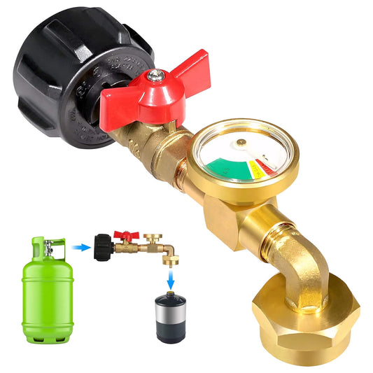 Sentryse Propane Refill Adapter with Valve and Gauge, Fill 1 lb Bottles from 20 lb Tank, Solid Brass