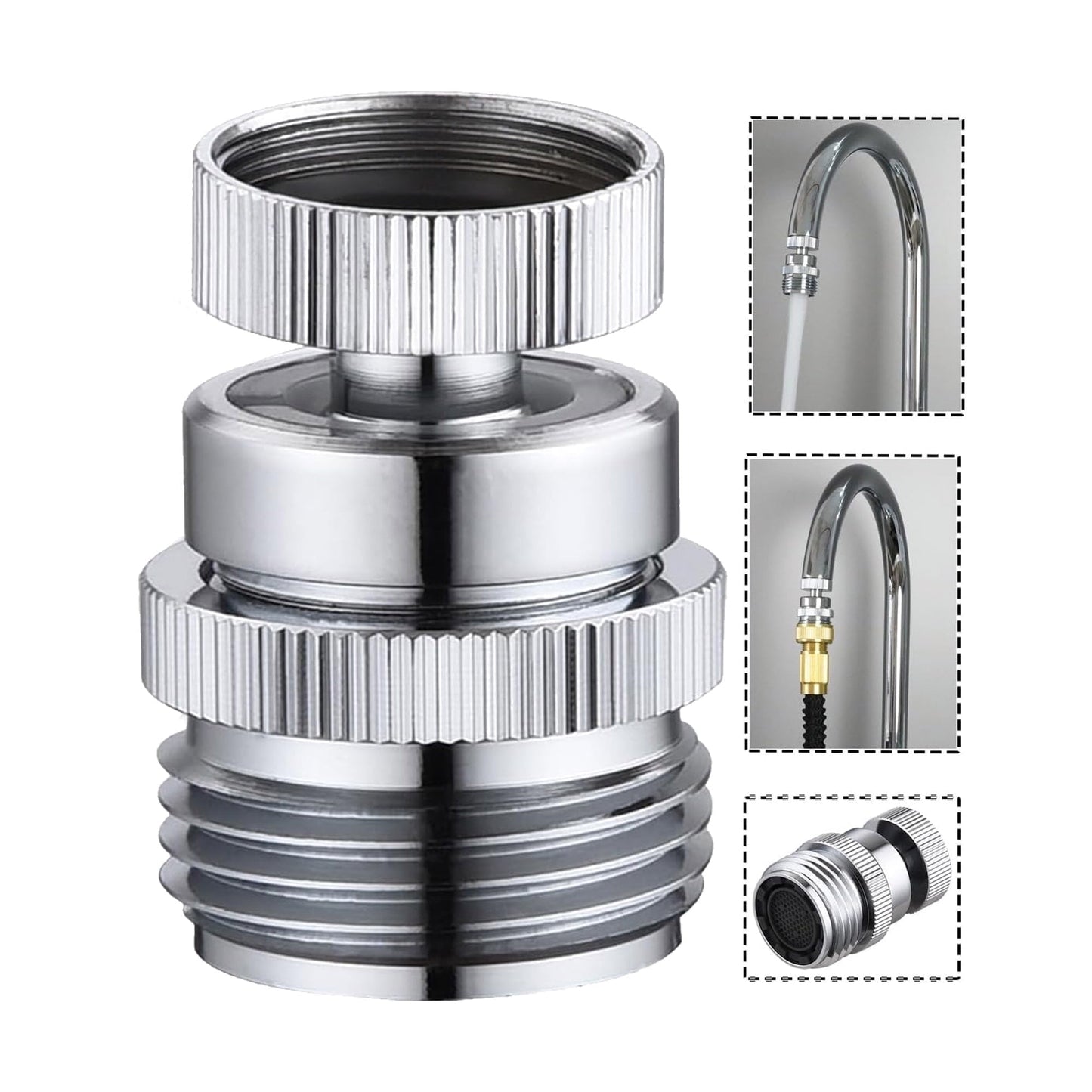Sentryse Swivel Faucet Adapter Kit, Brass 3/4" Faucet to Garden Hose Adapter, Chrome Silver