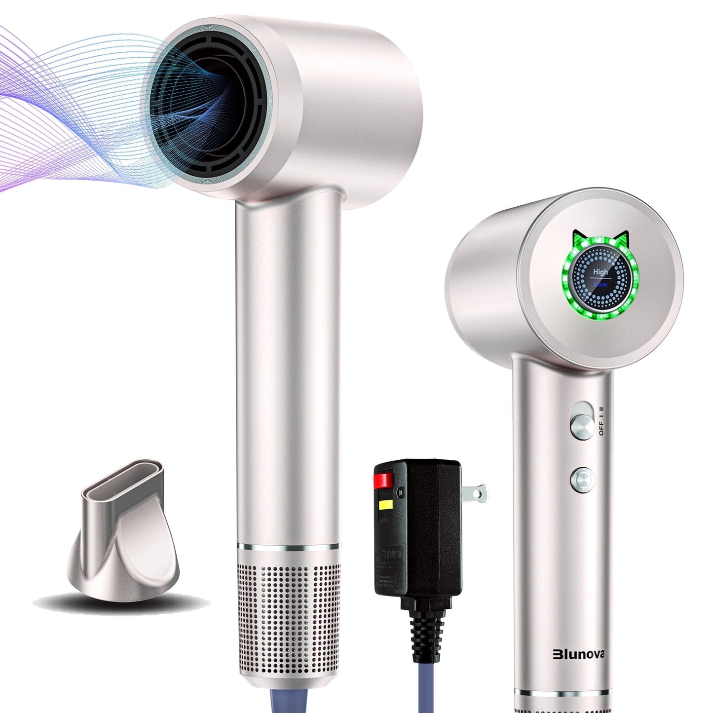 Professional Ionic Hair Dryer with Nozzle, 110000RPM Fast Drying Blow Dryer, 2-speed and 4-Heat Settings, Low Noise and Portable Design for Home and Travel