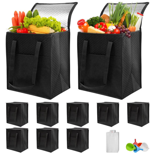 Sentryse 10-pack Insulated Reusable Grocery Bag with Zippered Top, Large Insulated Shopping Bags for Groceries, Travel, Picnic