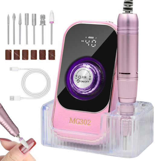 Sentryse Electric Nail Drill Machine 45000RPM Professional Rechargeable Nail File with LCD Display & Base & 7 Bits, Nail Drill Kit for Manicure, Pedicure, Acrylic Nails Gel Polishing, Pink