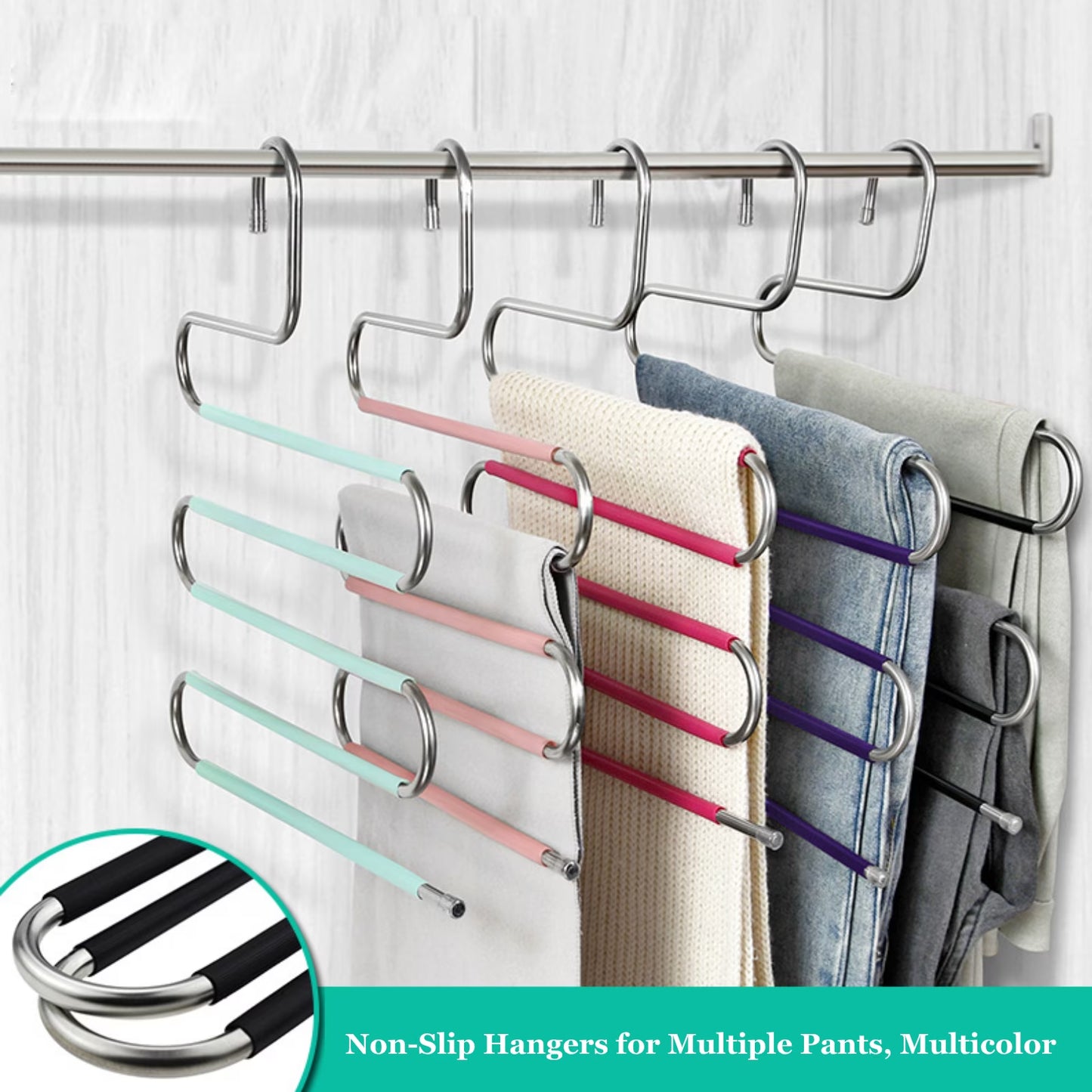 5 Pack Pants Hangers Space Saving Stainless Steel 5 Layers S-Shape Non-Slip Hangers for Multiple Pants, Multicolor