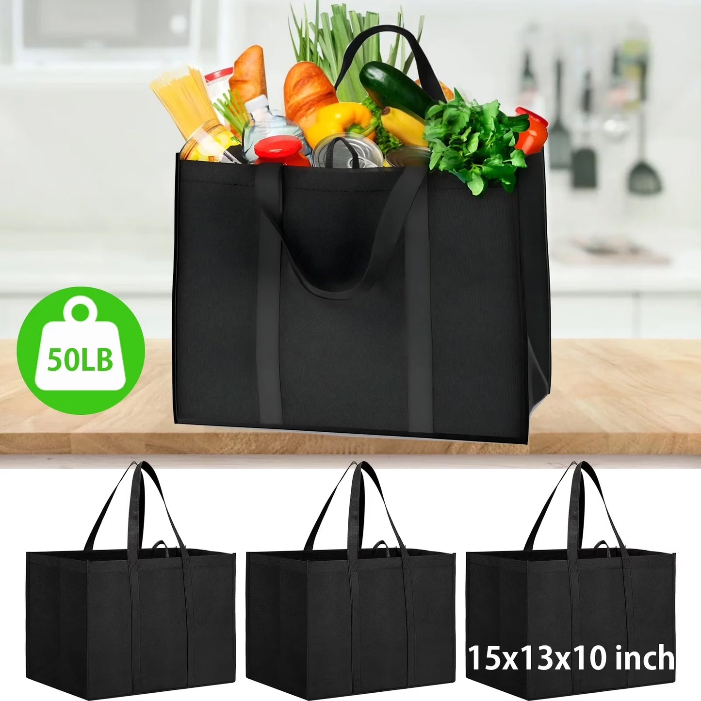 Sentryse 3-Piece Reusable Grocery Bags, Large Size Foldable Shopping Bag with Handle & Bottom Support