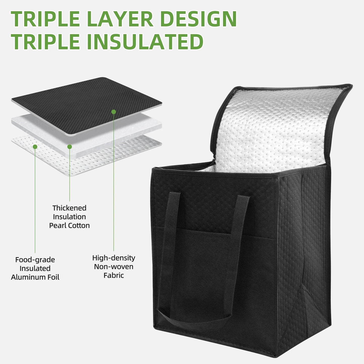 Sentryse 10-pack Insulated Reusable Grocery Bag with Zippered Top, Large Insulated Shopping Bags for Groceries, Travel, Picnic