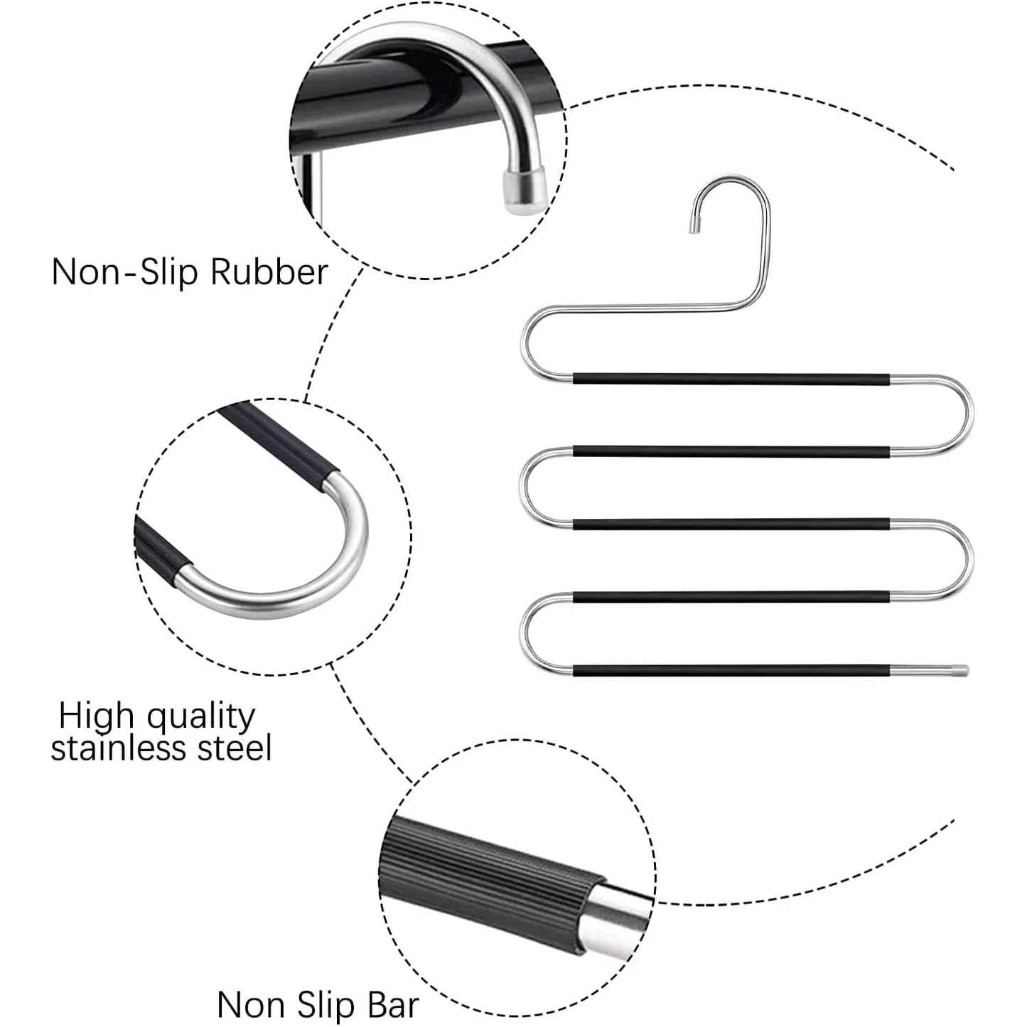 5 Pack Pants Hangers Space Saving Stainless Steel 5 Layers S-Shape Non-Slip Hangers for Multiple Pants, Multicolor