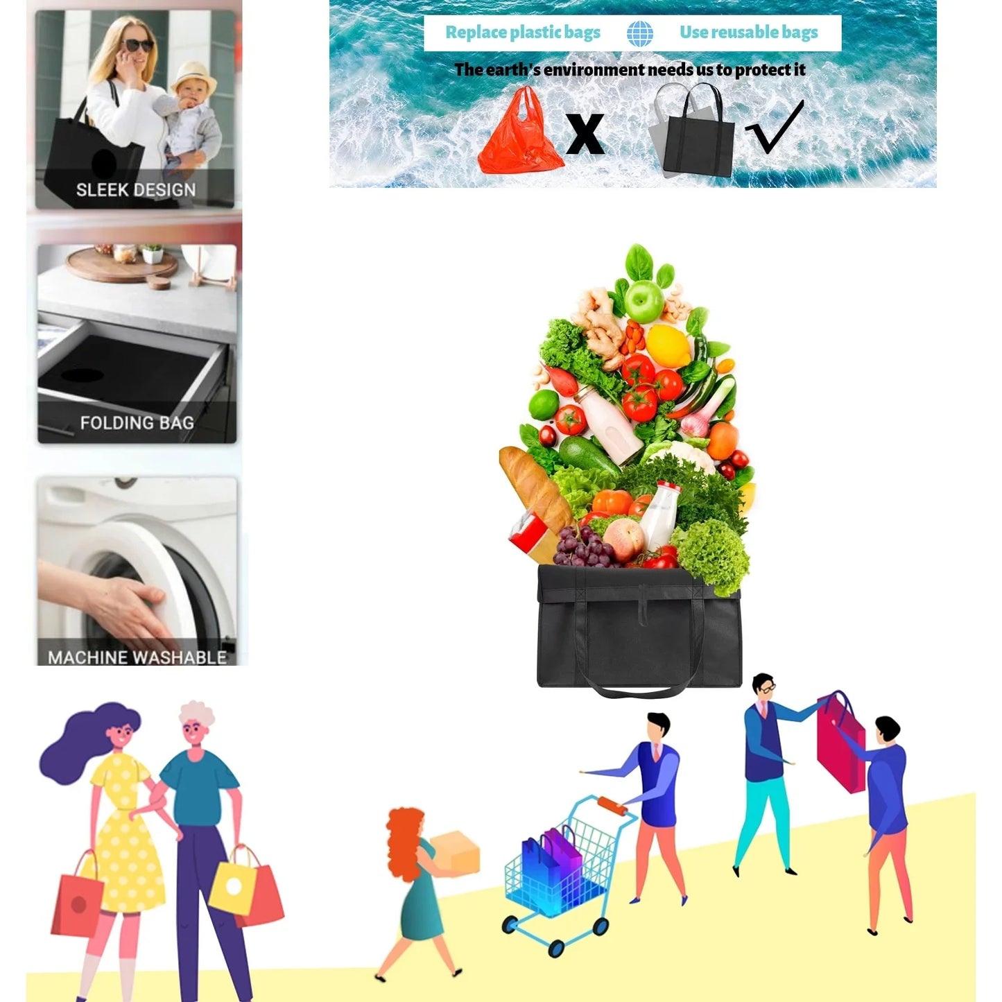 Sentryse 3-Piece Reusable Grocery Bags, Large Size Foldable Shopping Bag with Handle & Bottom Support