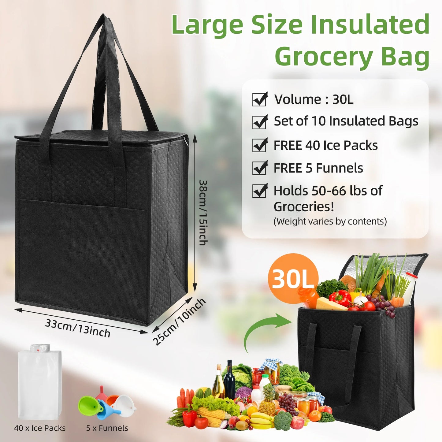Sentryse 10-pack Insulated Reusable Grocery Bag with Zippered Top, Large Insulated Shopping Bags for Groceries, Travel, Picnic