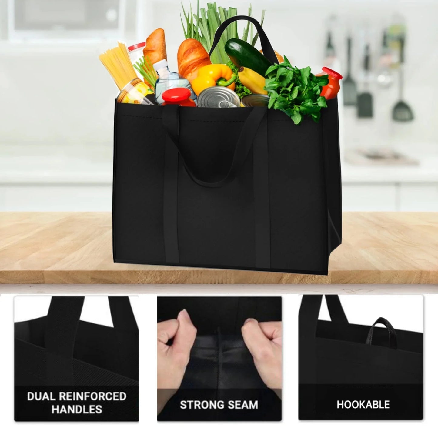 Sentryse 3-Piece Reusable Grocery Bags, Large Size Foldable Shopping Bag with Handle & Bottom Support