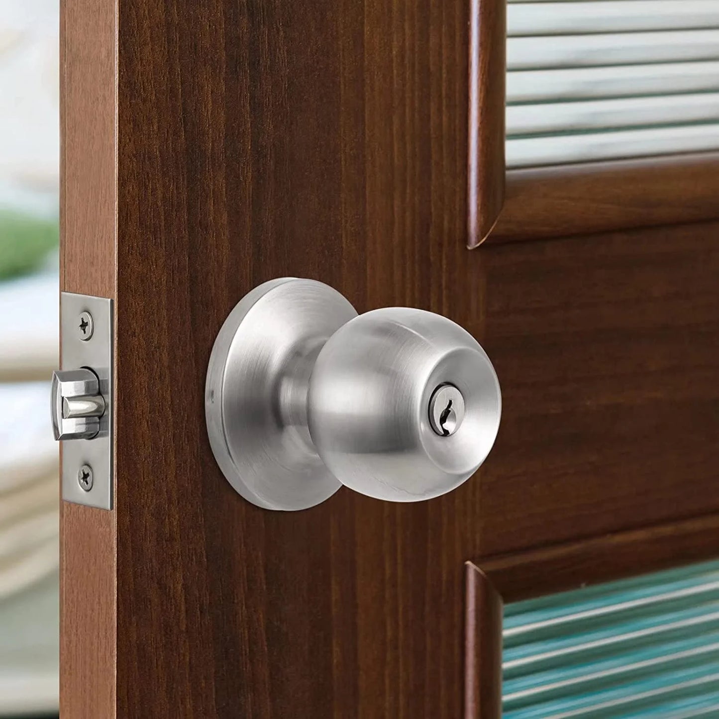 Fixdono Doorknob, Entry Doorknobs Lock with Keys, for Front Door, Exterior and Interior Doors, Satin Nickel Finish