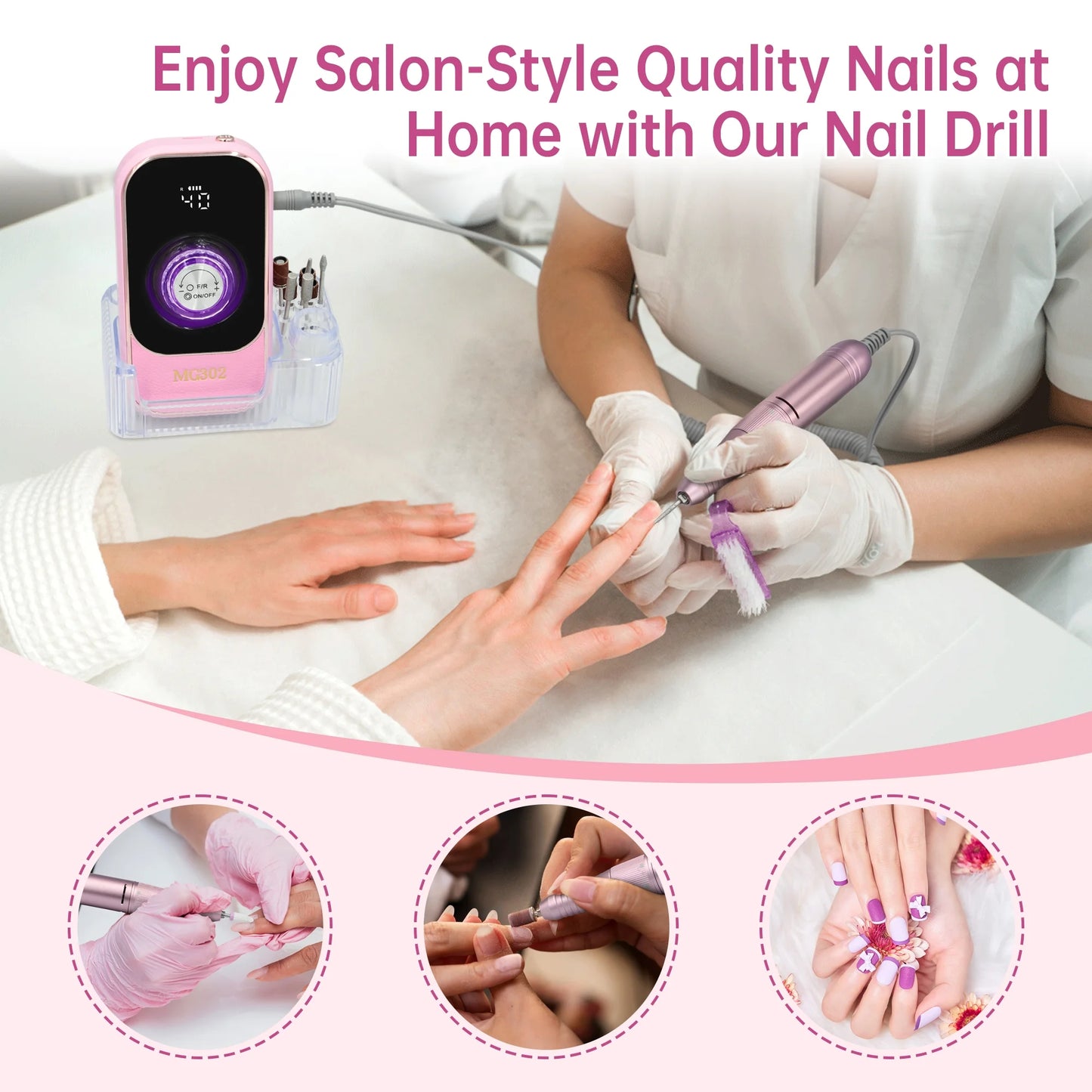 Sentryse Electric Nail Drill Machine 45000RPM Professional Rechargeable Nail File with LCD Display & Base & 7 Bits, Nail Drill Kit for Manicure, Pedicure, Acrylic Nails Gel Polishing, Pink
