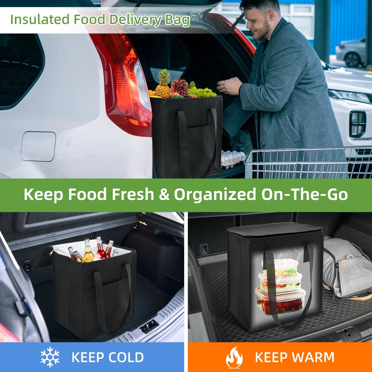 Sentryse 10-pack Insulated Reusable Grocery Bag with Zippered Top, Large Insulated Shopping Bags for Groceries, Travel, Picnic