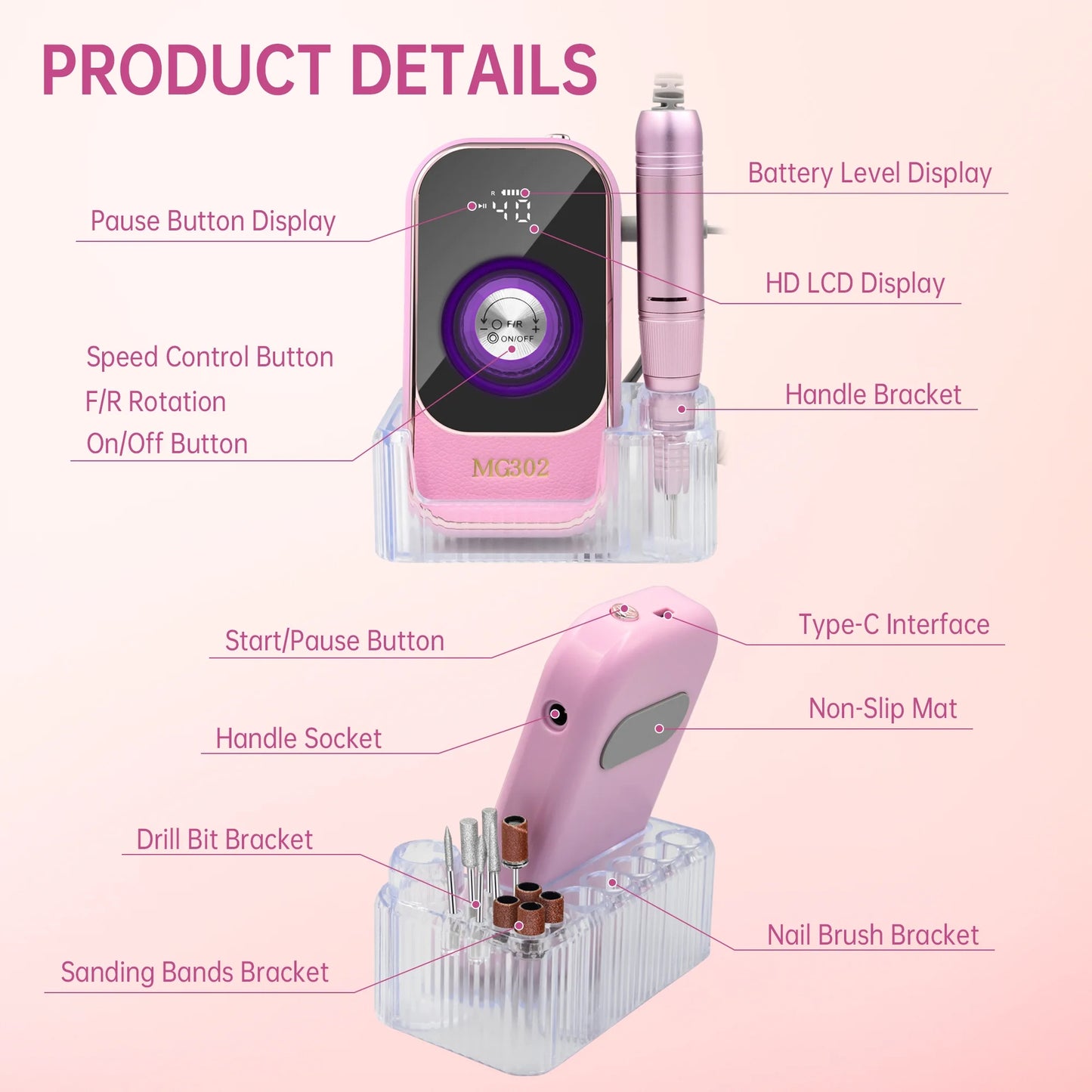 Sentryse Electric Nail Drill Machine 45000RPM Professional Rechargeable Nail File with LCD Display & Base & 7 Bits, Nail Drill Kit for Manicure, Pedicure, Acrylic Nails Gel Polishing, Pink