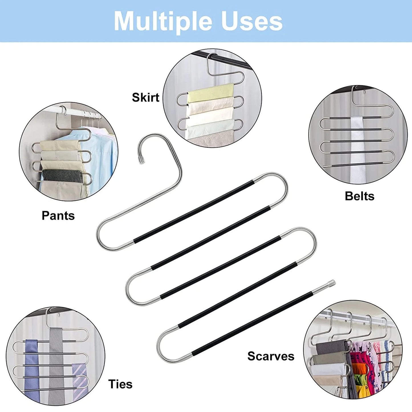 5 Pack Pants Hangers Space Saving Stainless Steel 5 Layers S-Shape Non-Slip Hangers for Multiple Pants, Multicolor