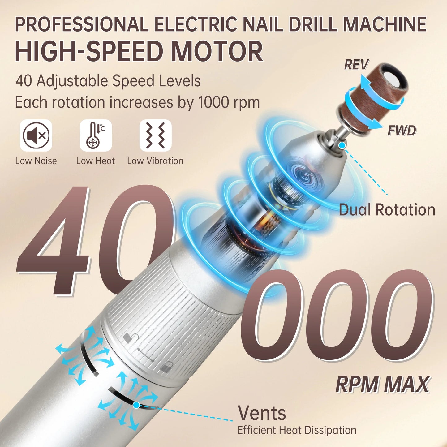 Sentryse Portable Nail Drill Electric File, 40000RPM Professional Rechargeable Nail E-File Machine with Bits & Base for Acrylic Nails Remove Nail Gel Polish Manicure for Salon Home