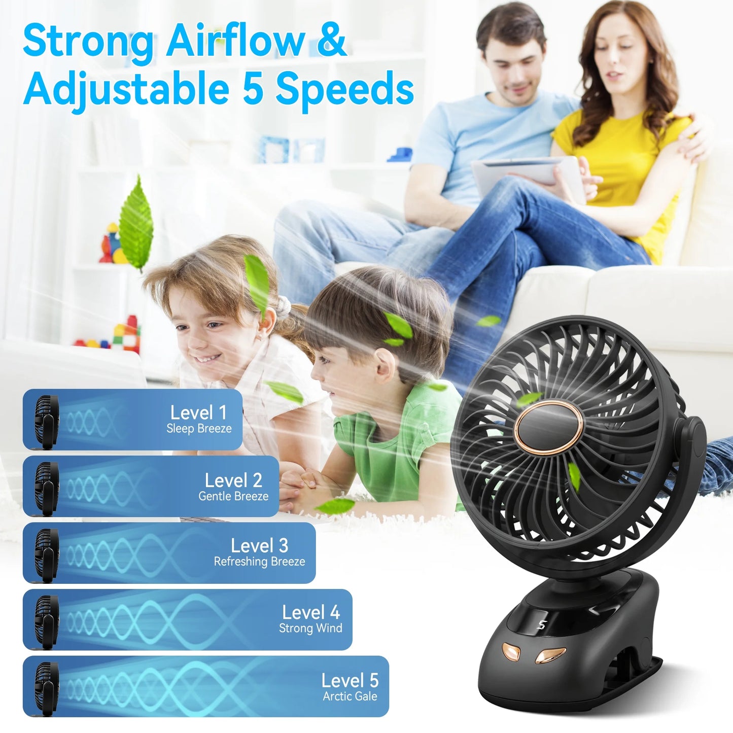 Sentryse Small Clip on Fan, Mini Bedside Desk Fan, USB Plug, with Sturdy Clamp,Black