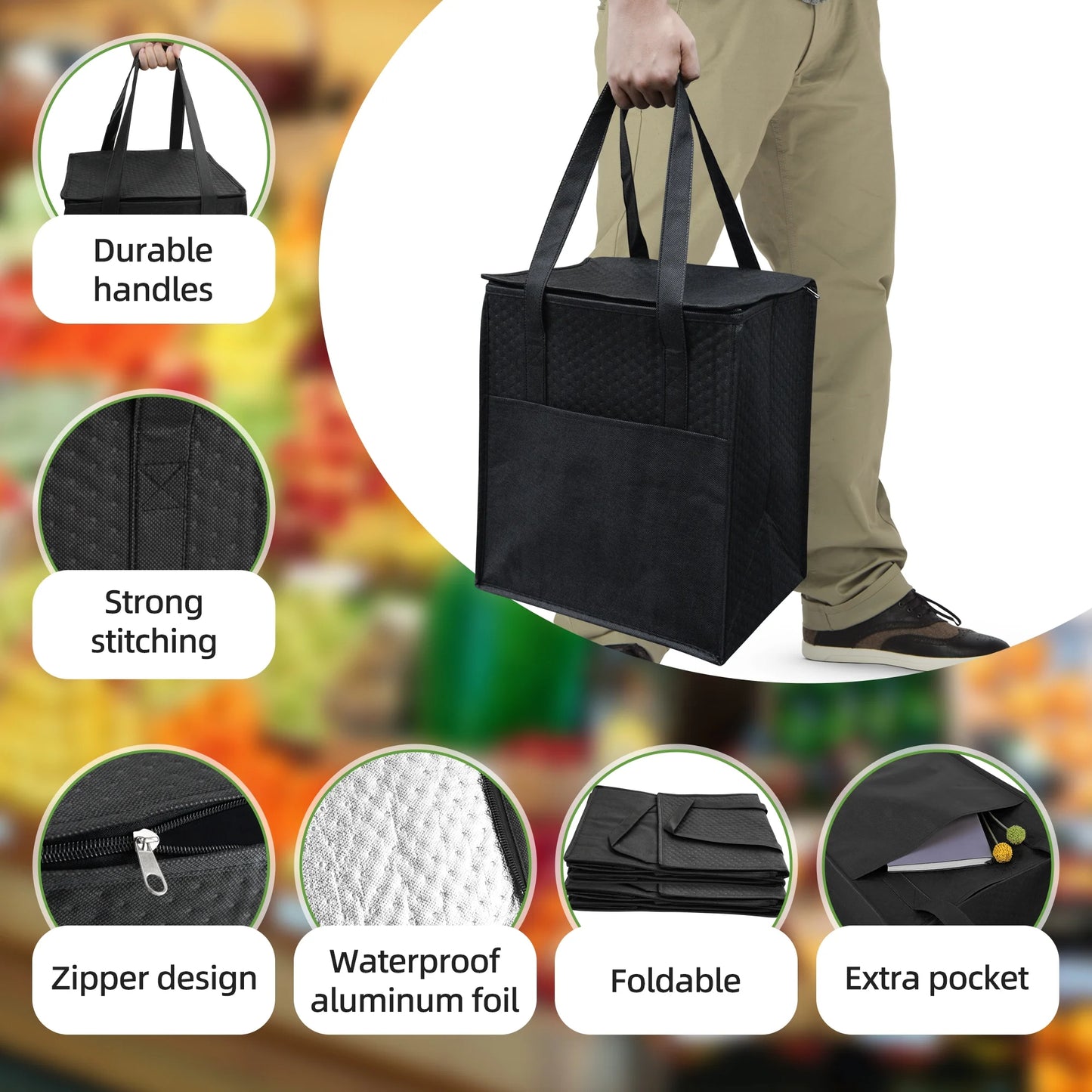 Sentryse 10-pack Insulated Reusable Grocery Bag with Zippered Top, Large Insulated Shopping Bags for Groceries, Travel, Picnic