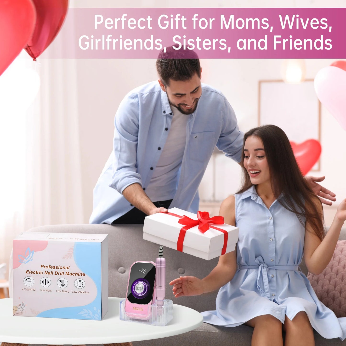 Sentryse Electric Nail Drill Machine 45000RPM Professional Rechargeable Nail File with LCD Display & Base & 7 Bits, Nail Drill Kit for Manicure, Pedicure, Acrylic Nails Gel Polishing, Pink