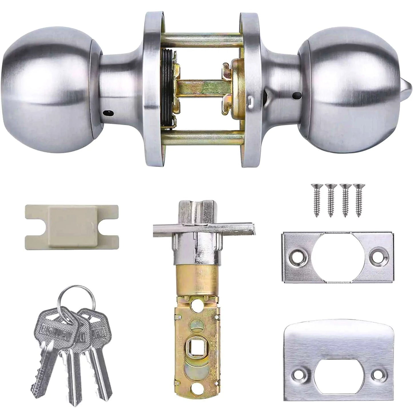 Fixdono Doorknob, Entry Doorknobs Lock with Keys, for Front Door, Exterior and Interior Doors, Satin Nickel Finish