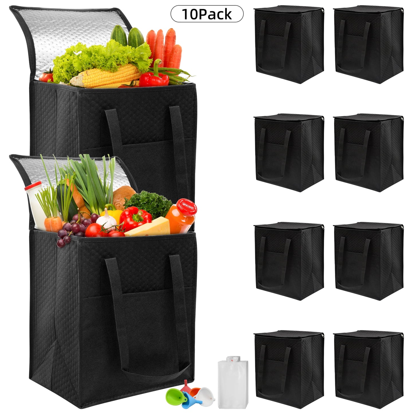 Sentryse 10-pack Insulated Reusable Grocery Bag with Zippered Top, Large Insulated Shopping Bags for Groceries, Travel, Picnic