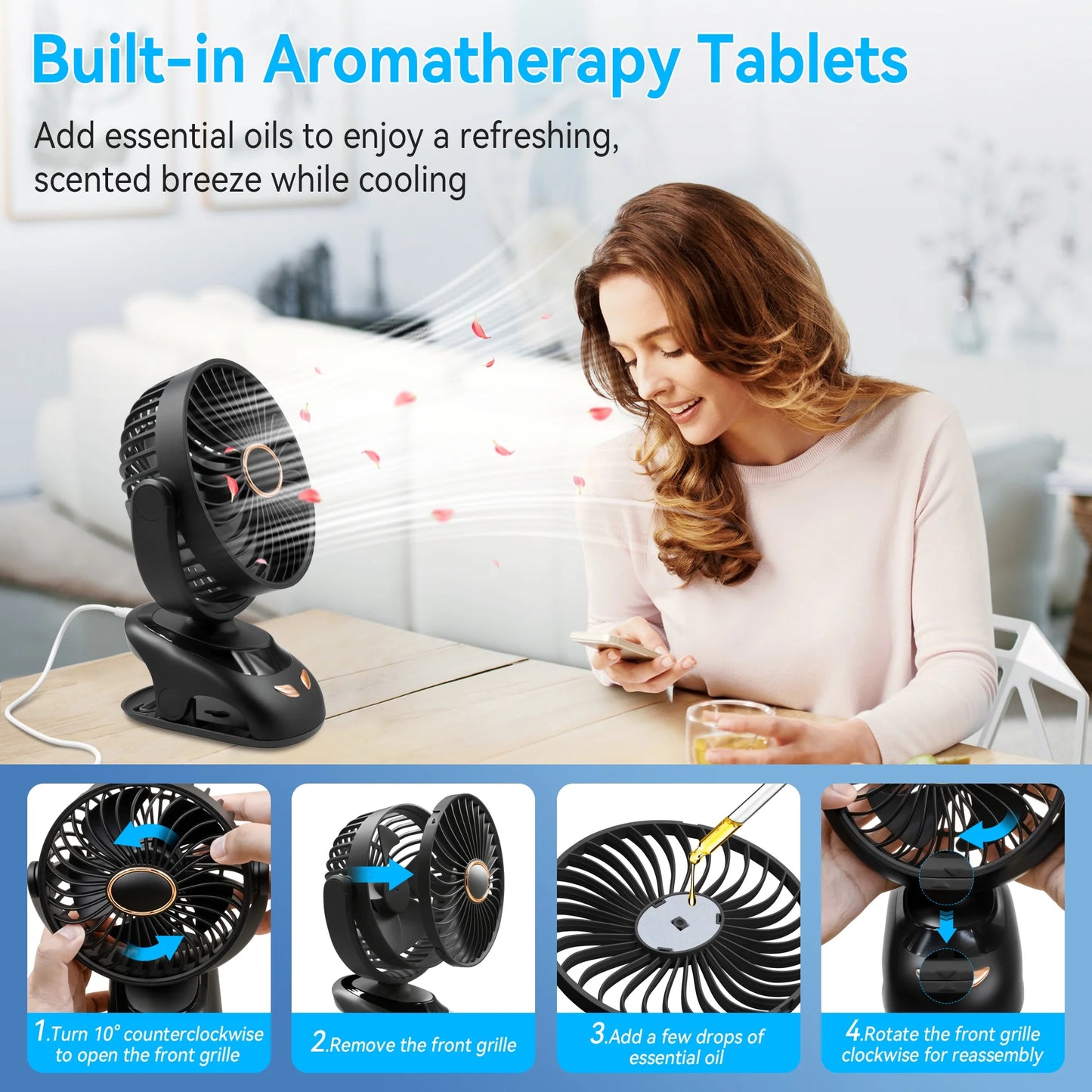 Sentryse Small Clip on Fan, Mini Bedside Desk Fan, USB Plug, with Sturdy Clamp,Black