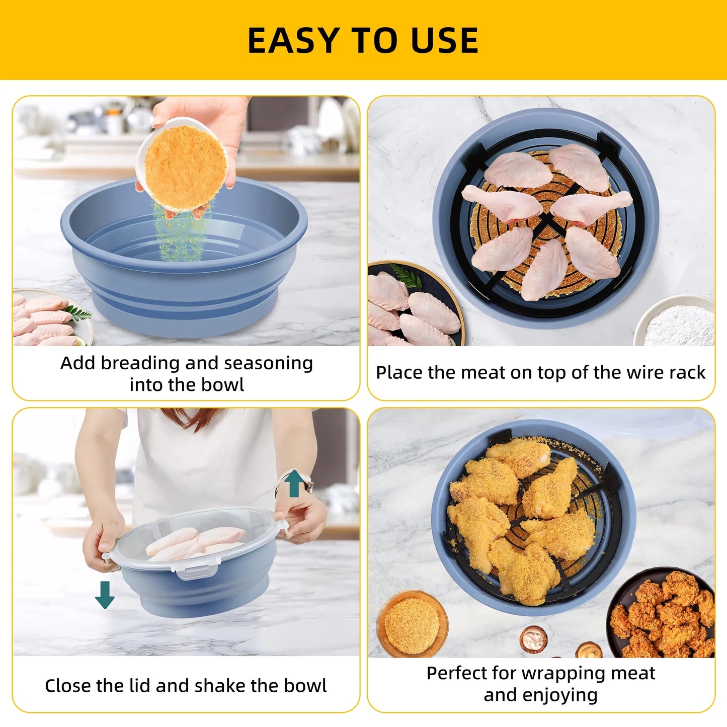 Sentryse Collapsible Batter Bowl, Mess Free Breading Shaker, Silicone Mixing Bowls with Lids, Fry Fish Chicken Onion Rings