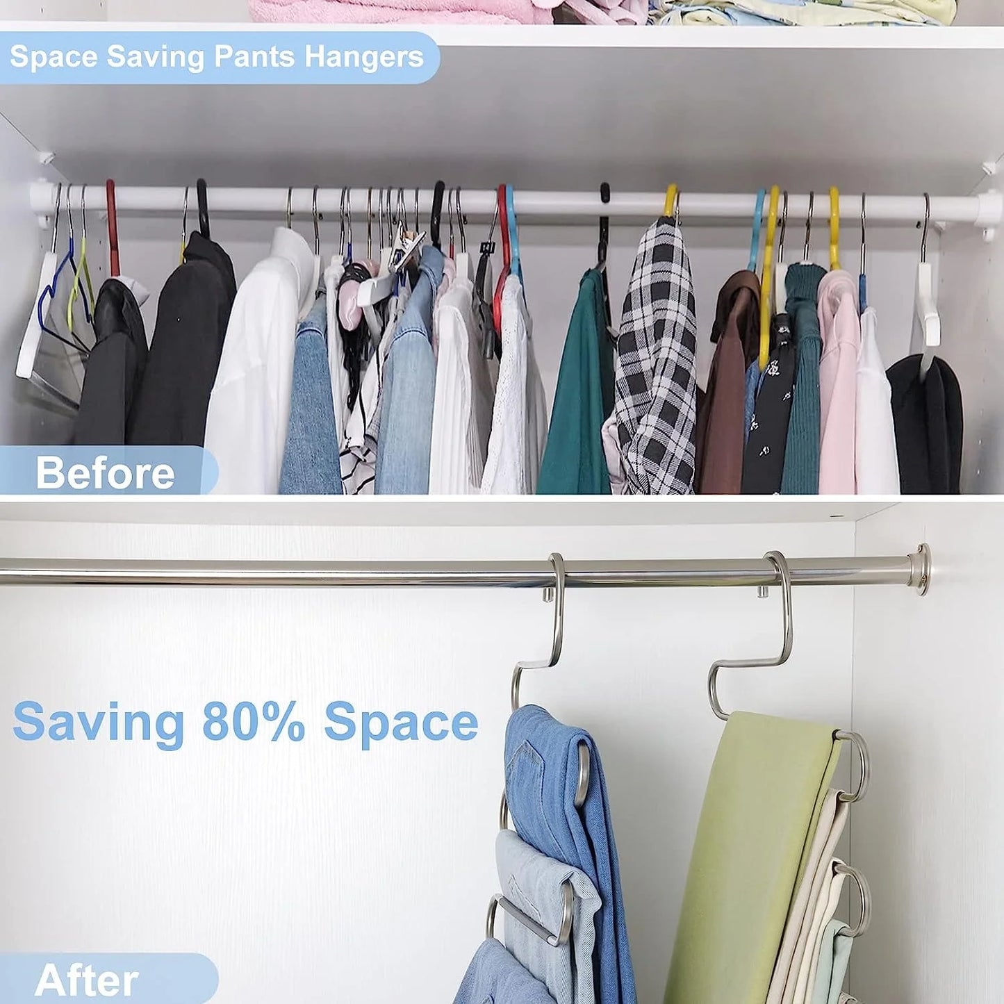 5 Pack Pants Hangers Space Saving Stainless Steel 5 Layers S-Shape Non-Slip Hangers for Multiple Pants, Multicolor