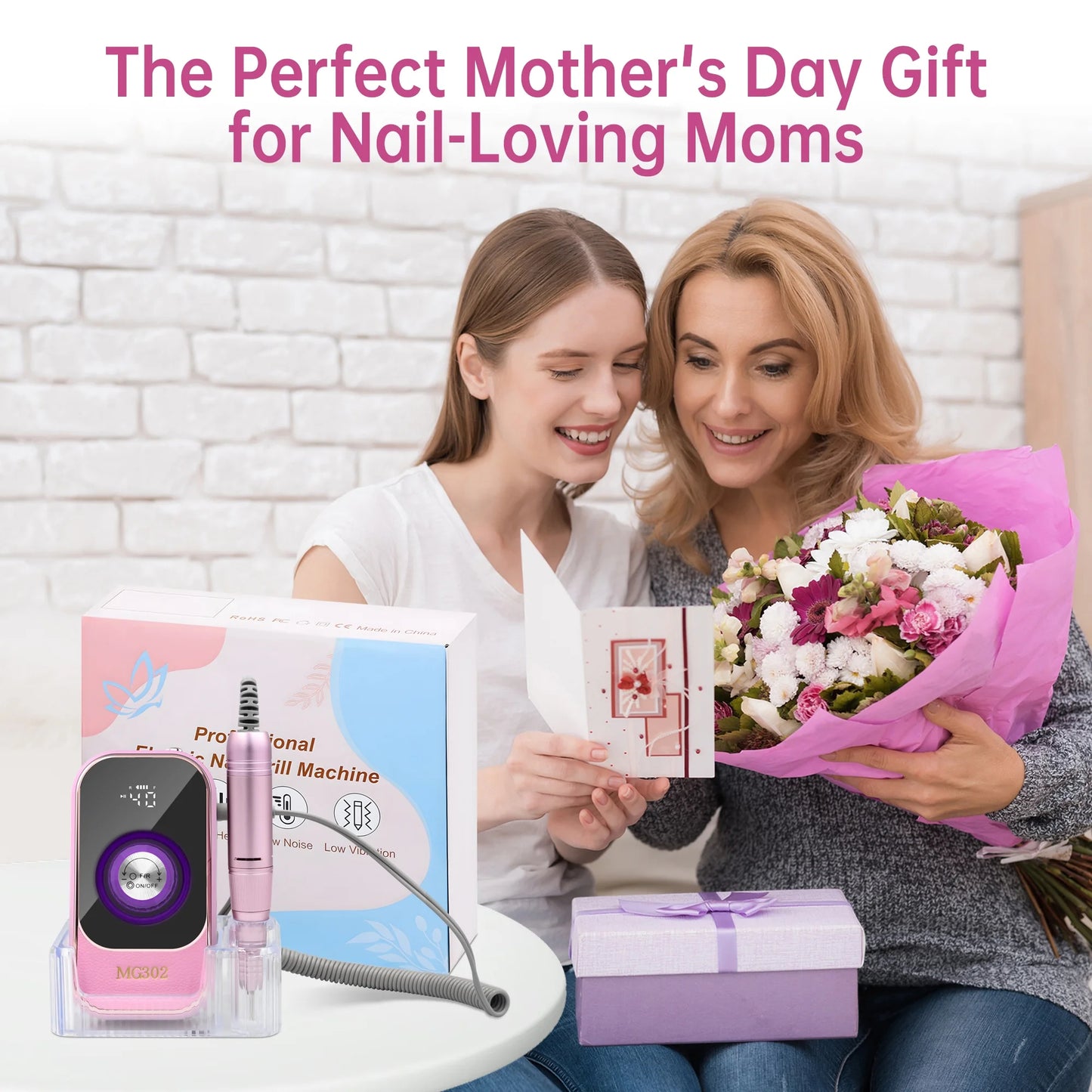 Sentryse Electric Nail Drill Machine 45000RPM Professional Rechargeable Nail File with LCD Display & Base & 7 Bits, Nail Drill Kit for Manicure, Pedicure, Acrylic Nails Gel Polishing, Pink