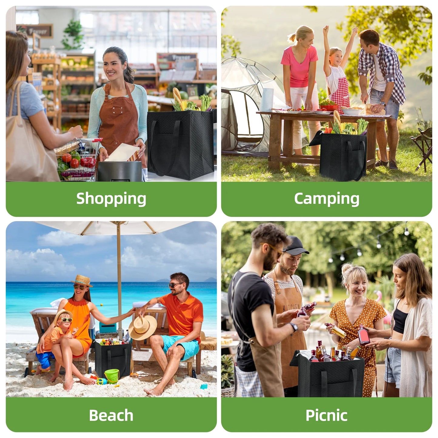 Sentryse 10-pack Insulated Reusable Grocery Bag with Zippered Top, Large Insulated Shopping Bags for Groceries, Travel, Picnic