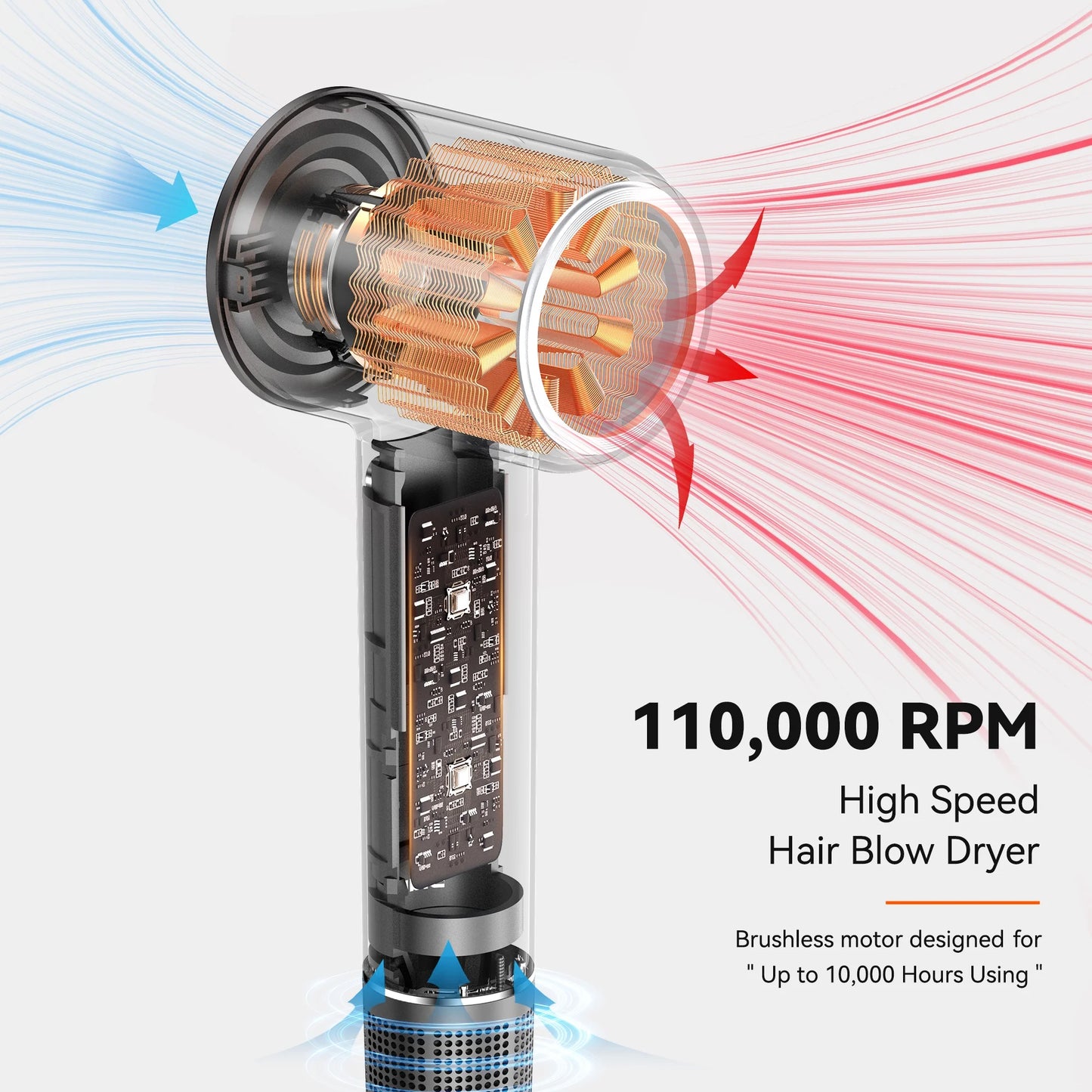 Professional High Speed Ionic Hair Dryer with Magnetic Nozzle, Fast Drying, Low Noise