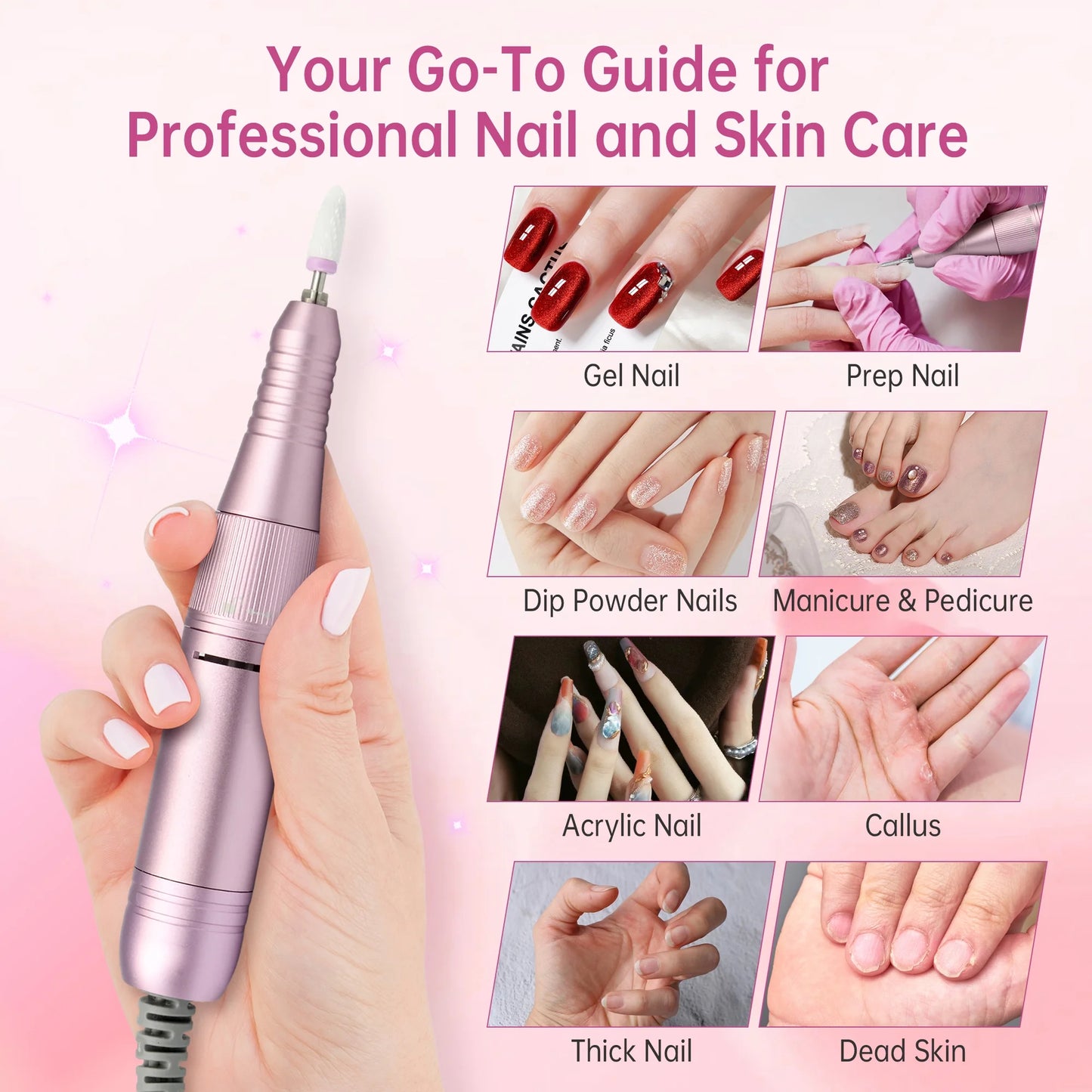 Sentryse Electric Nail Drill Machine 45000RPM Professional Rechargeable Nail File with LCD Display & Base & 7 Bits, Nail Drill Kit for Manicure, Pedicure, Acrylic Nails Gel Polishing, Pink