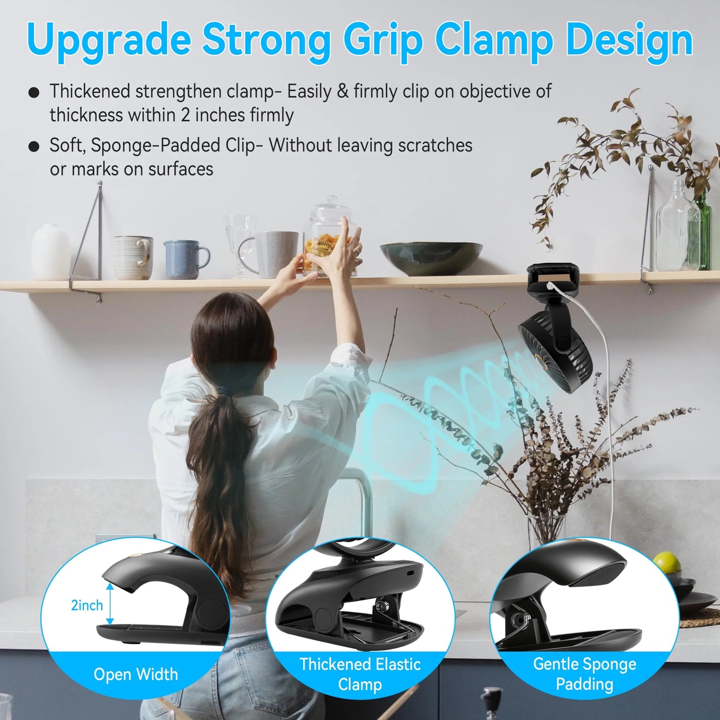 Sentryse Small Clip on Fan, Mini Bedside Desk Fan, USB Plug, with Sturdy Clamp,Black