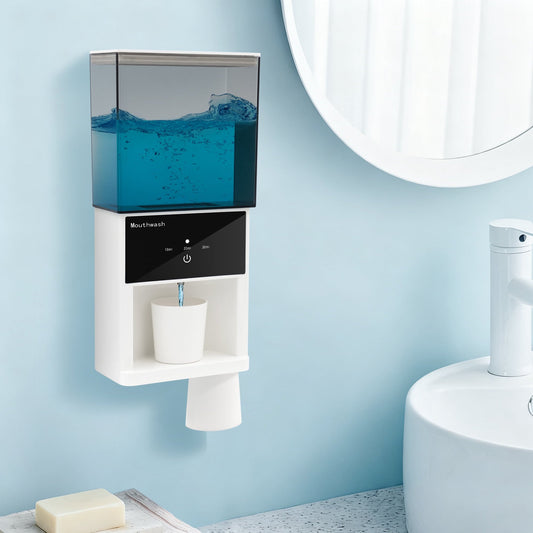 Sentryse 20oz Automatic Mouthwash Dispenser, 3 Dispensing Levels, Electric Mouth Wash Dispenser for Bathroom, 2 Magnetic Cups, Wall-Mounted＆Countertop Use