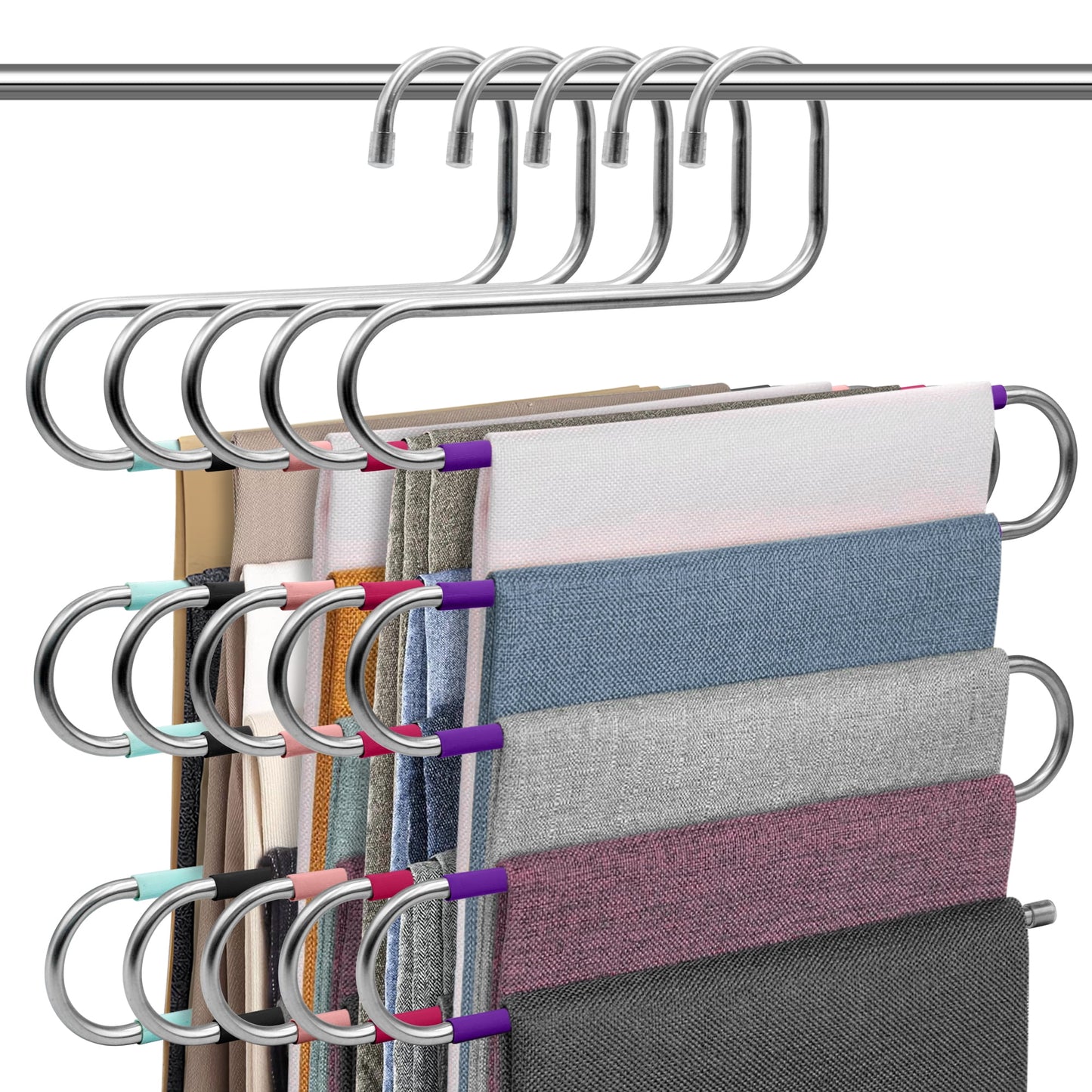 5 Pack Pants Hangers Space Saving Stainless Steel 5 Layers S-Shape Non-Slip Hangers for Multiple Pants, Multicolor