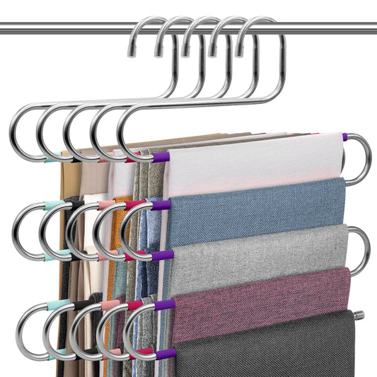 5 Pack Pants Hangers Space Saving Stainless Steel 5 Layers S-Shape Non-Slip Hangers for Multiple Pants, Multicolor