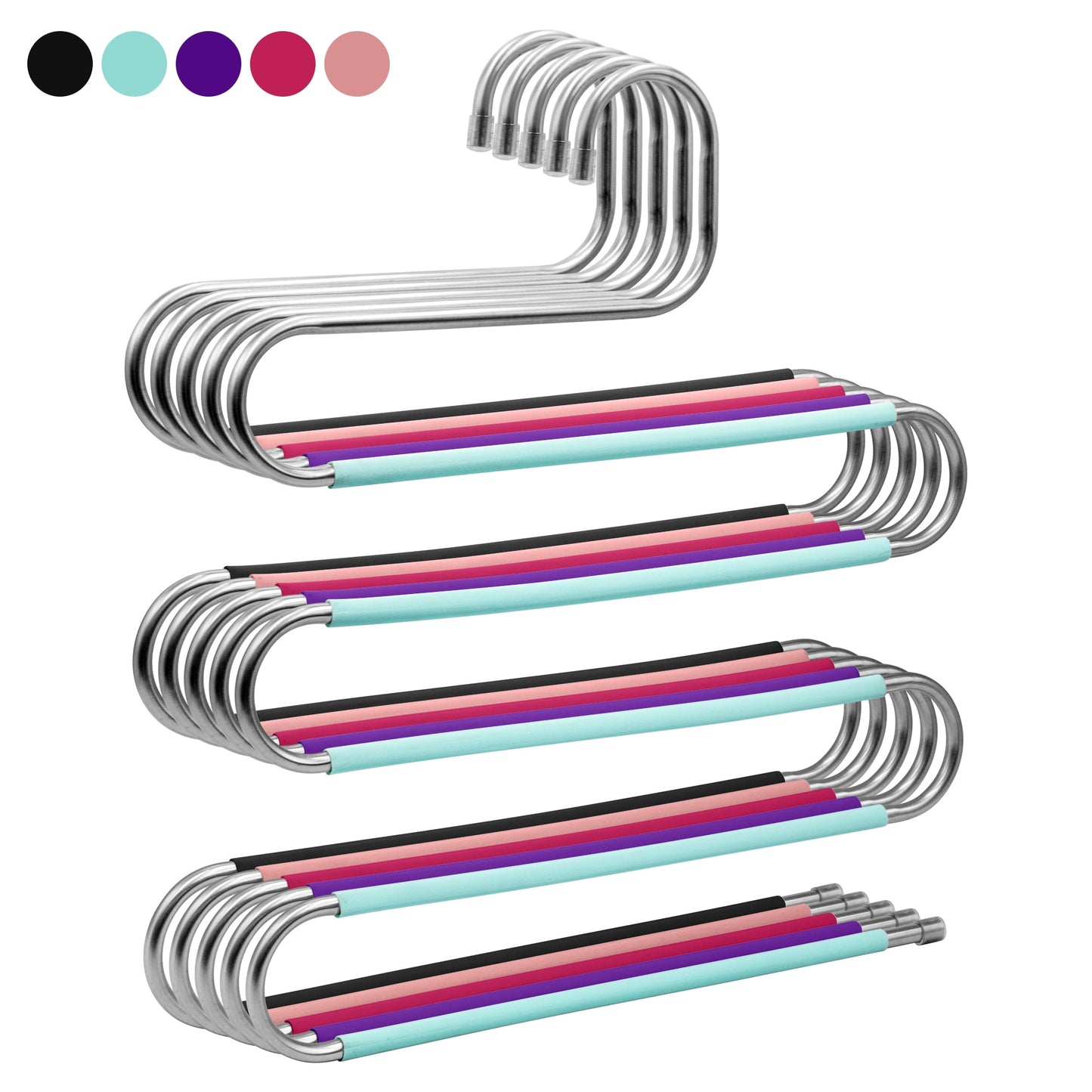 5 Pack Pants Hangers Space Saving Stainless Steel 5 Layers S-Shape Non-Slip Hangers for Multiple Pants, Multicolor
