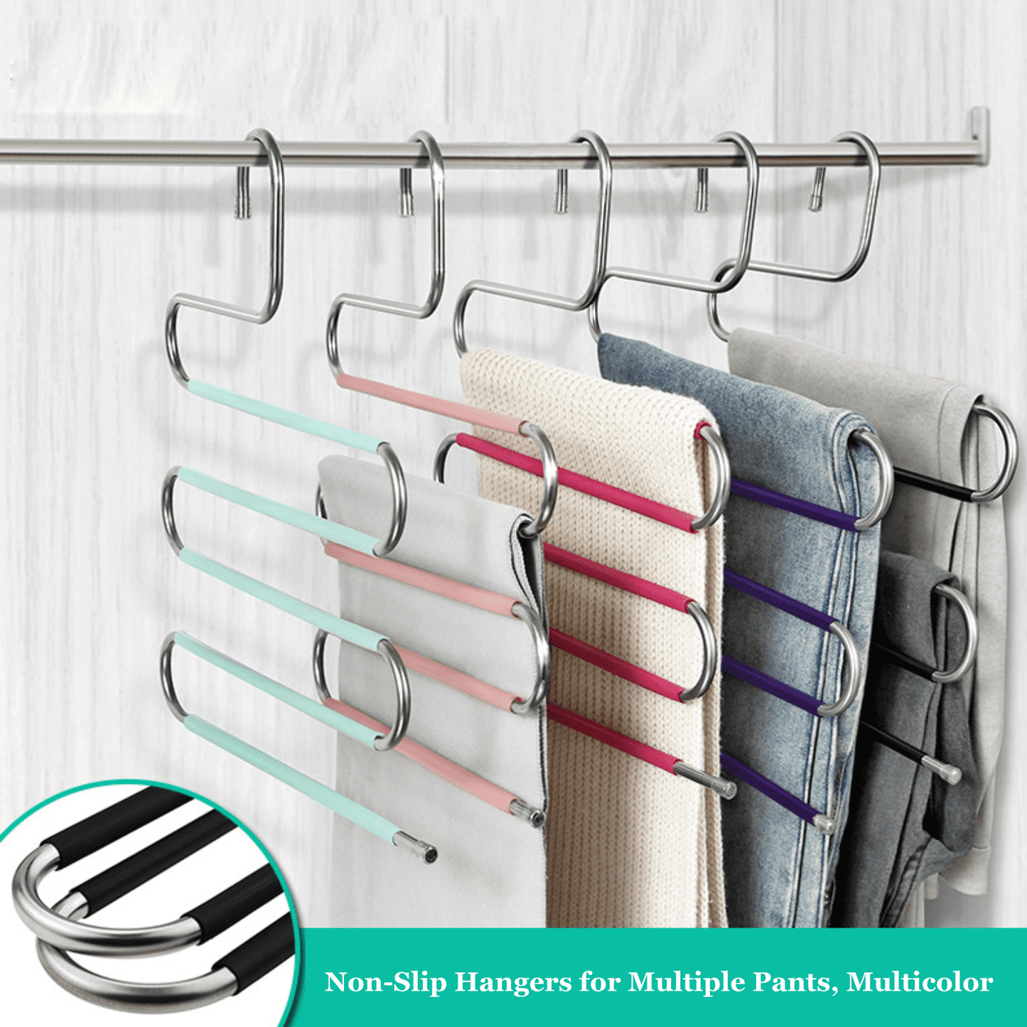 5 Pack Pants Hangers Space Saving Stainless Steel 5 Layers S-Shape Non-Slip Hangers for Multiple Pants, Multicolor