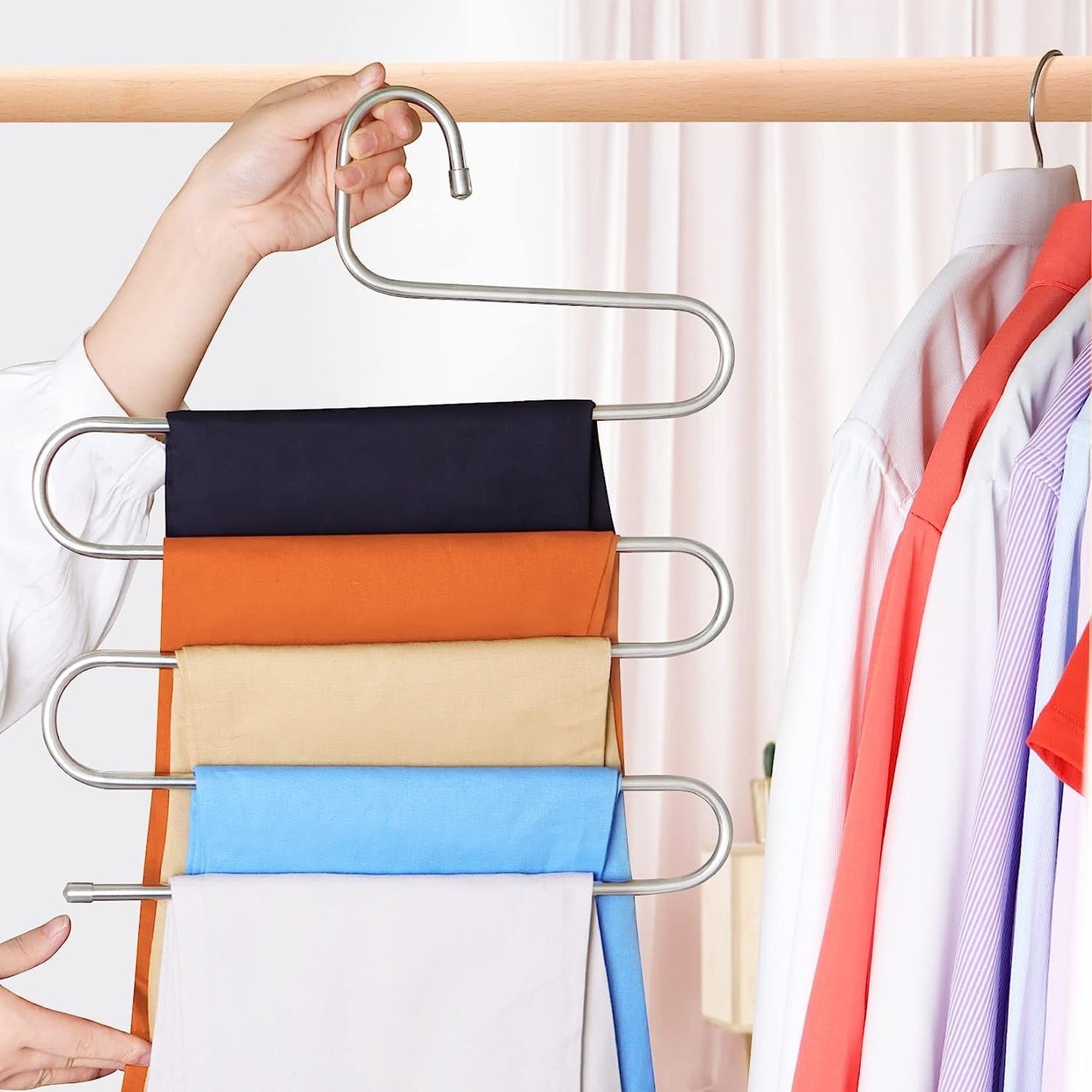 5 Pack Pants Hangers Space Saving Stainless Steel 5 Layers S-Shape Non-Slip Hangers for Multiple Pants, Multicolor