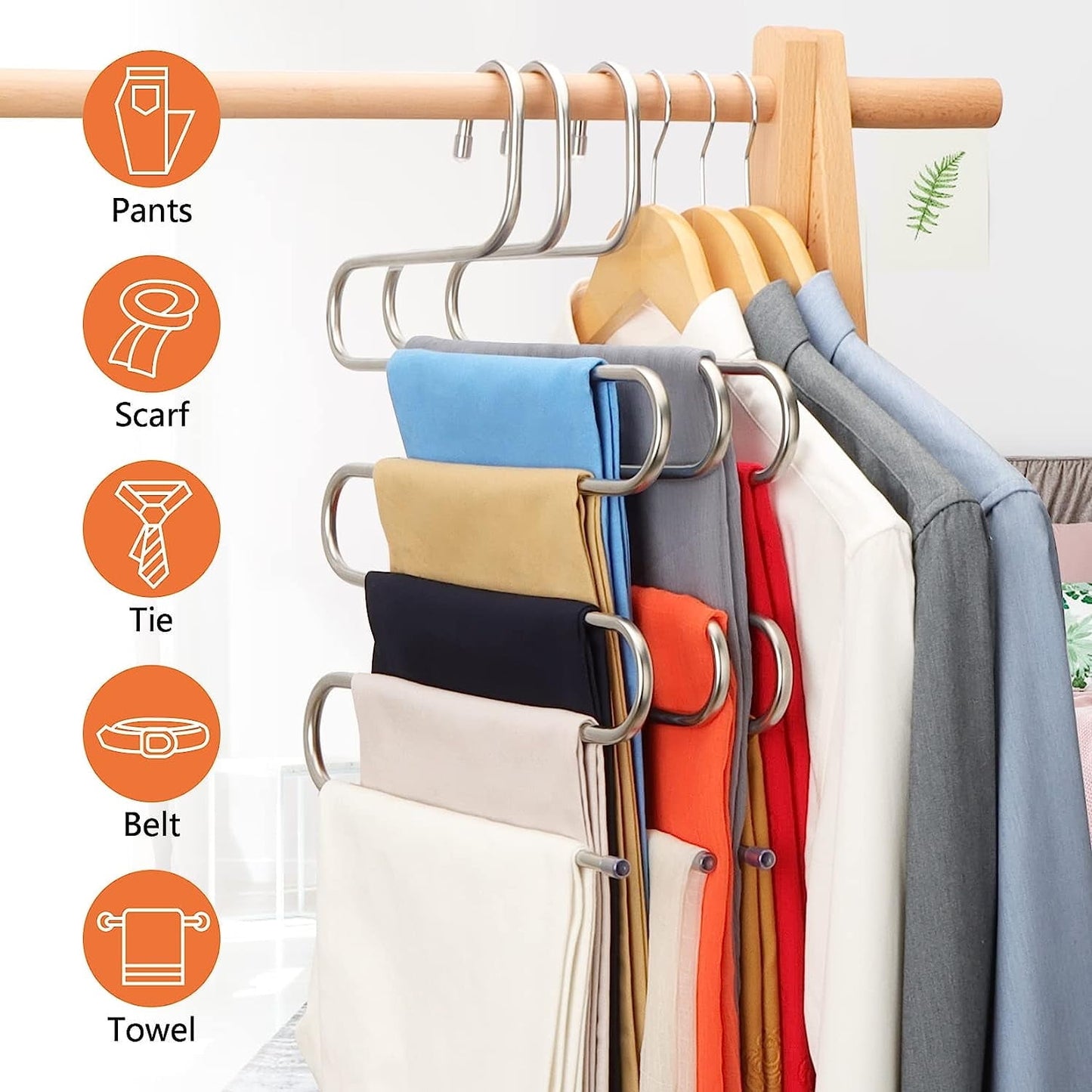 5 Pack Pants Hangers Space Saving Stainless Steel 5 Layers S-Shape Non-Slip Hangers for Multiple Pants, Multicolor