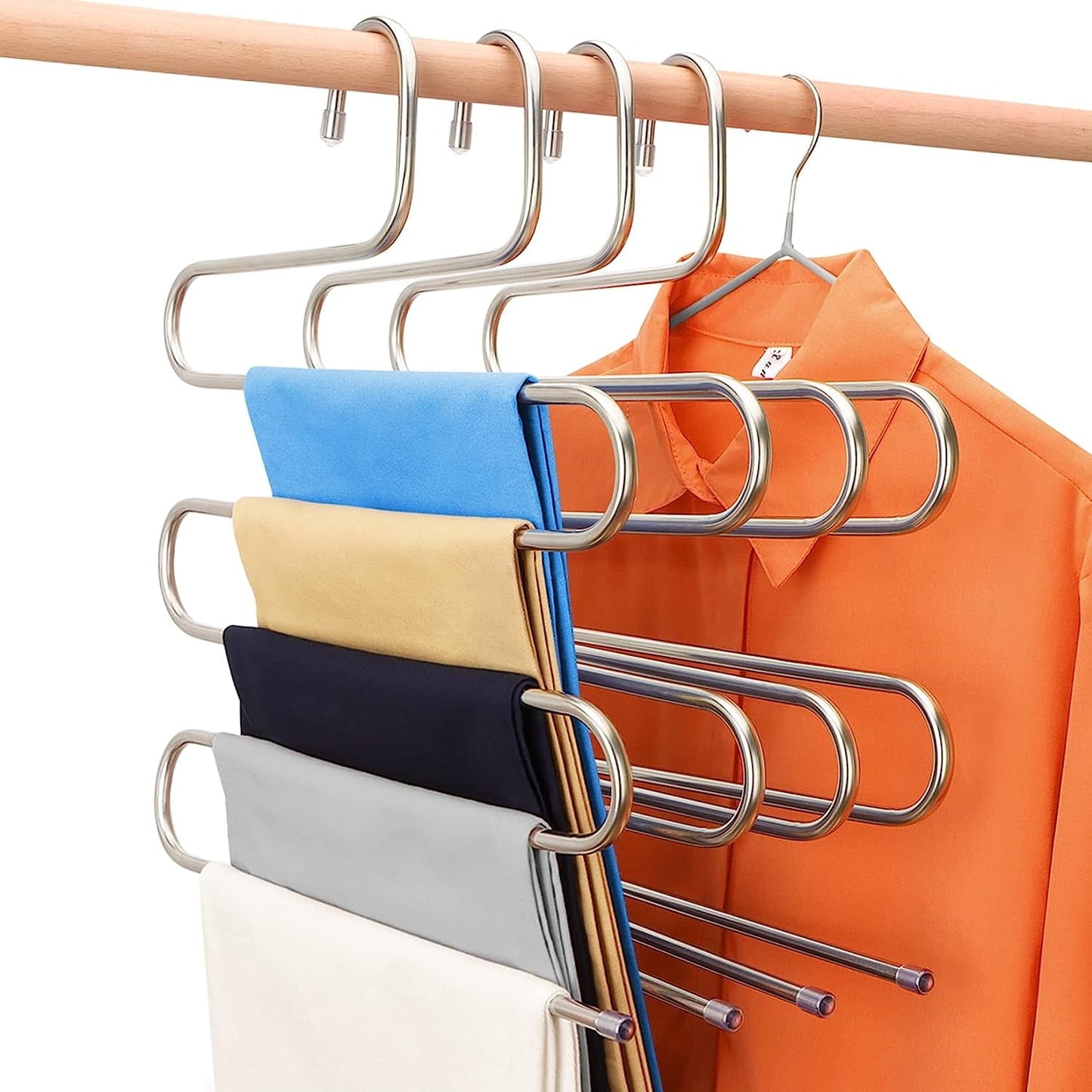 5 Pack Pants Hangers Space Saving Stainless Steel 5 Layers S-Shape Non-Slip Hangers for Multiple Pants, Multicolor