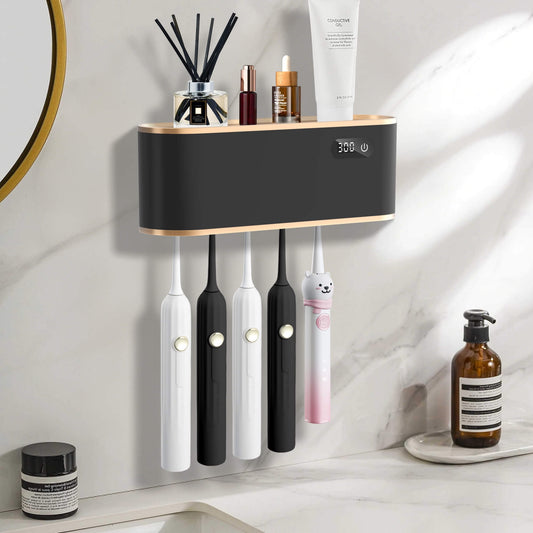 Sentryse Toothbrush Holders, UV Toothbrush Sanitizer and Holder, 5 Cups Electric Tooth Brush Holder Wall Mounted, Black