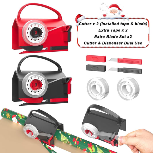 Sentryse (2-Pack) Wrapping Paper Cutter & Tape Dispenser Dual Use with 4 Tapes, 2 Replace Blades Kit, Gift Wrap Cutter Tool Paper Roll Holder Tube Sliding Slicing for Birthday Holiday