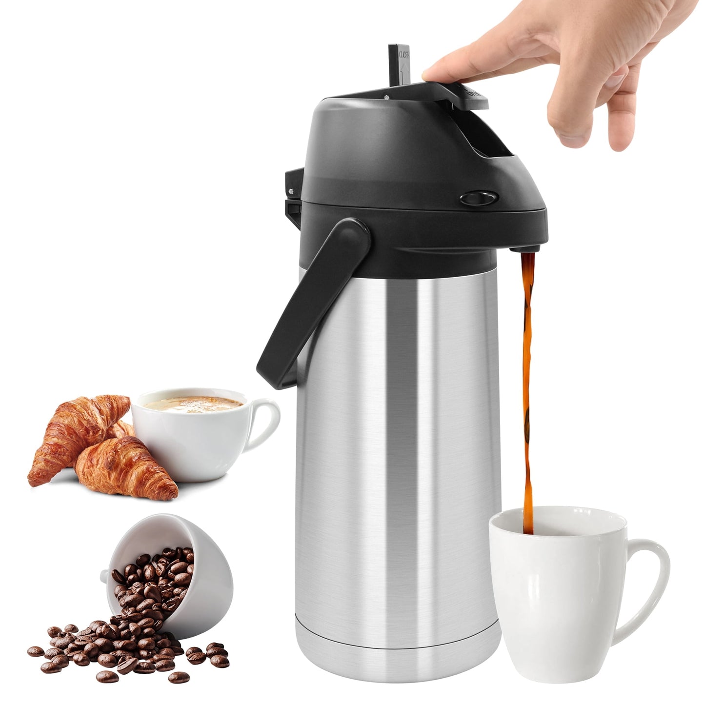 65oz Thermal Airpot Carafe with Pump, Stainless Steel Vacuum Insulated Coffee Dispenser for Hot and Cold Beverage (Silver）