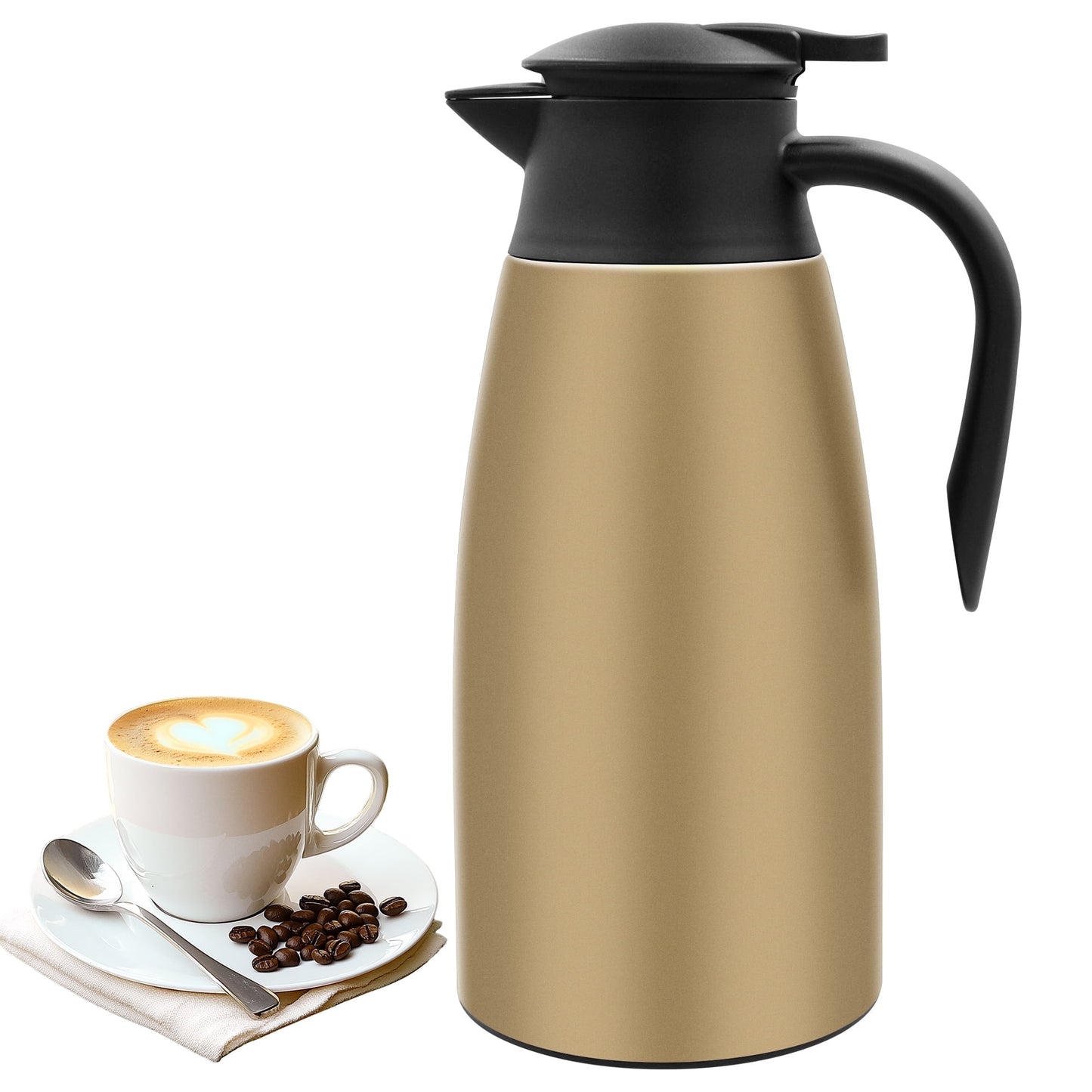 68oz Thermal Coffee Carafe, Stainless Steel Vacuum Insulated Coffee Thermos for Hot and Cold Beverage (Gold）