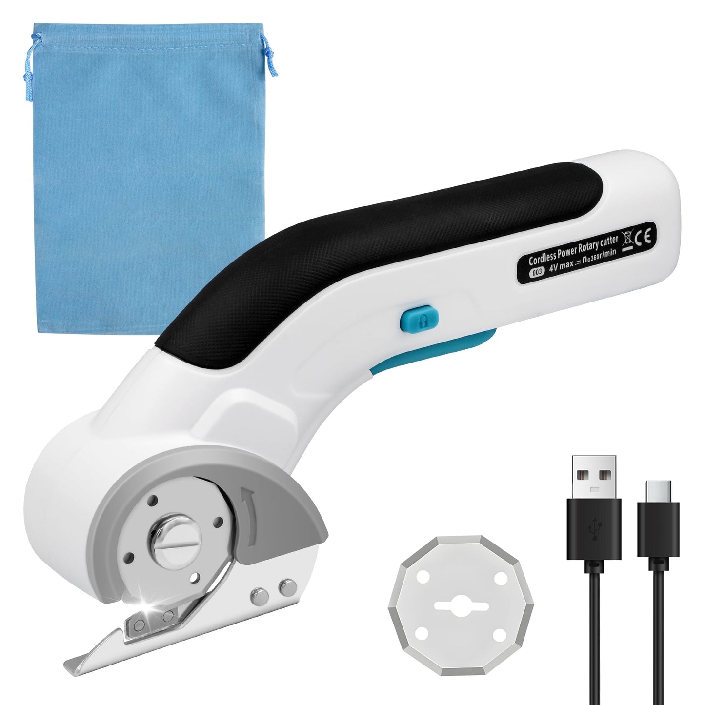 Tidymend Cordless Electric Scissors, 4V Rechargeable Cardboard Cutter with Tungsten Steel Replacement Blade, Rotary Cutter with Safety Lock for Fabric Carpet Leather Plastic Cutting (White)